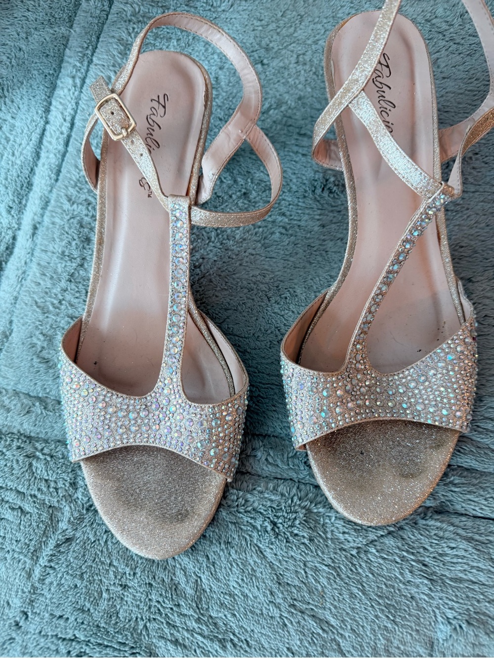 Embellished T‑Strap Dress Sandals in Gold